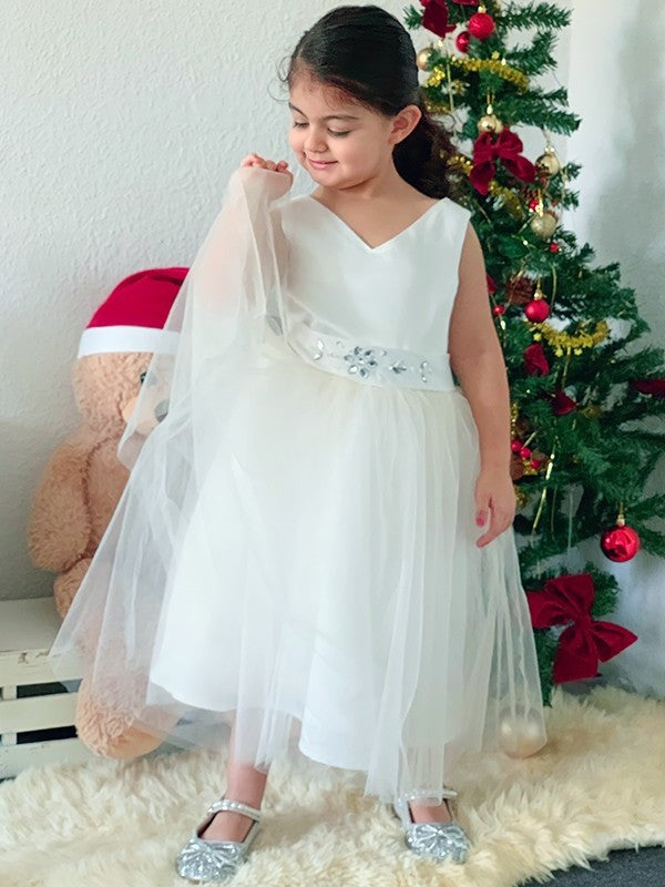 A-Line/Princess Tulle Bowknot V-neck Sleeveless Knee-Length Flower Girl Dresses DEP0009281