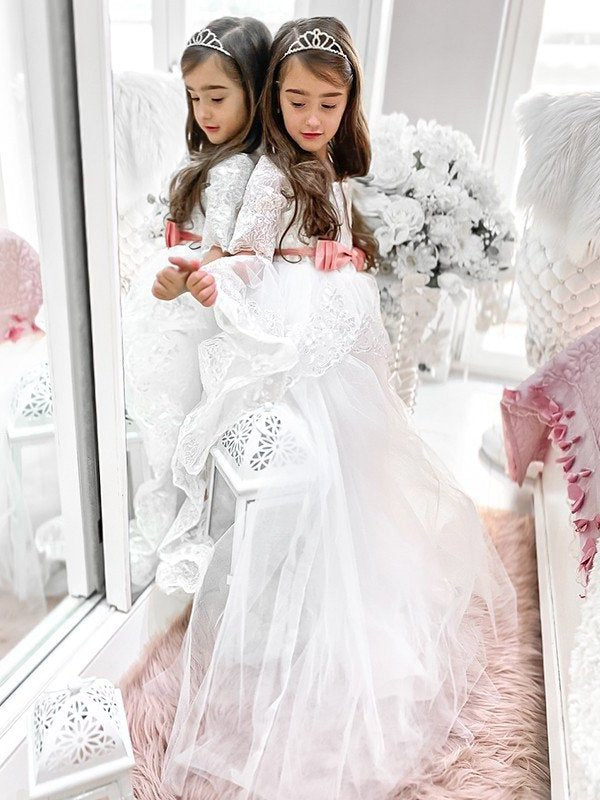 A-Line/Princess Tulle Sash/Ribbon/Belt Off-the-Shoulder 1/2 Sleeves Sweep/Brush Train Flower Girl Dresses DEP0007481