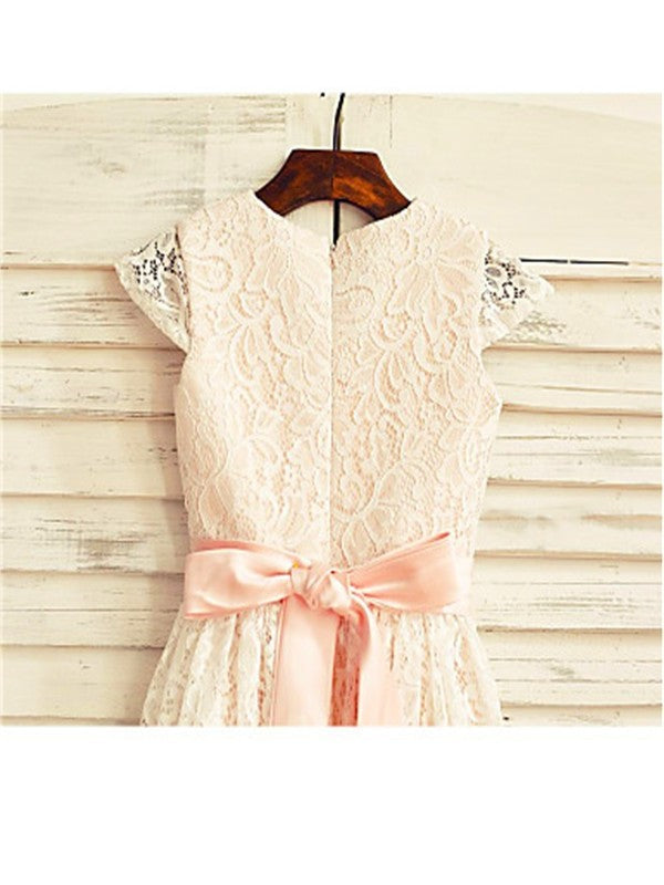 A-line/Princess Scoop Hand-made Flower Short Sleeves Tea-Length Lace Flower Girl Dresses DEP0007819