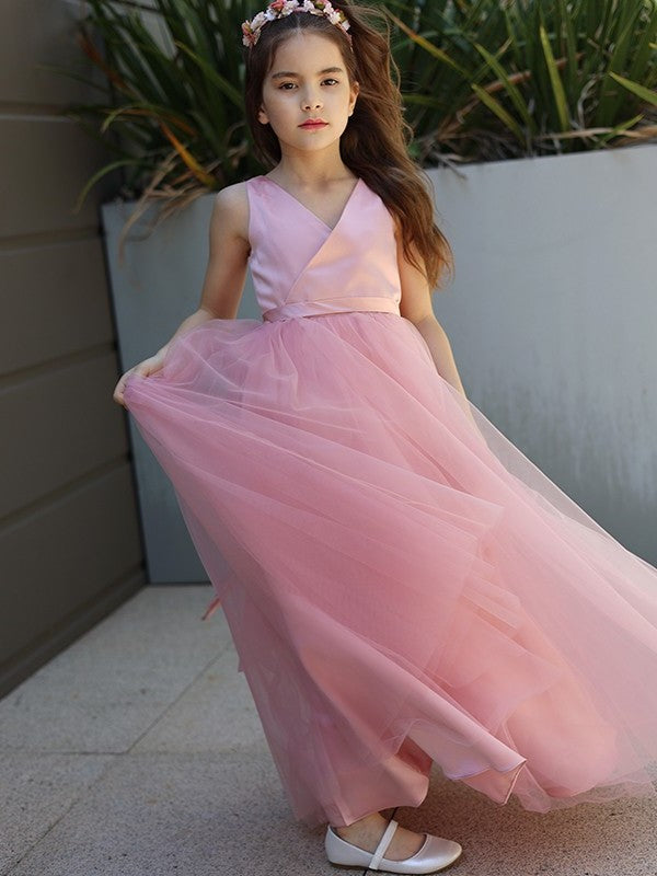 A-Line/Princess Tulle Bowknot V-neck Sleeveless Floor-Length Flower Girl Dresses DEP0007496