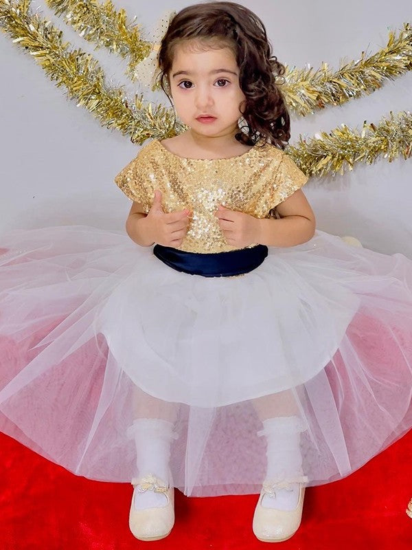 A-Line/Princess Tulle Sequin Scoop Short Sleeves Tea-Length Flower Girl Dresses DEP0009291