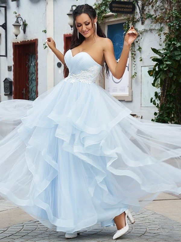 A-Line/Princess Tulle Applique Sweetheart Sleeveless Floor-Length Dresses DEP0001558