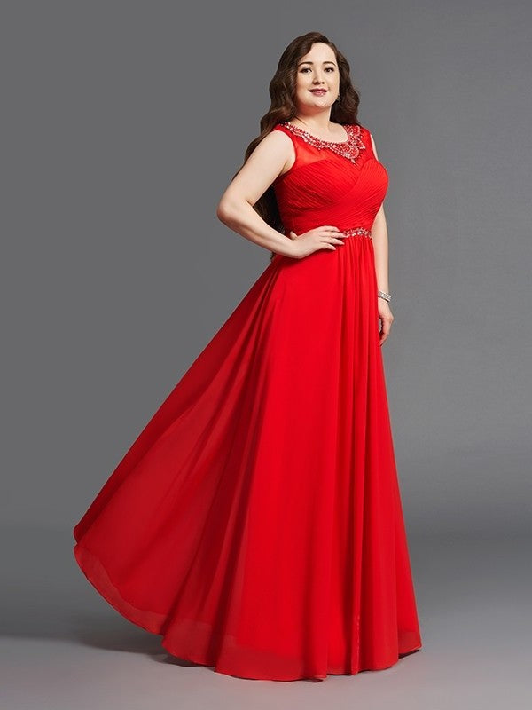 A-Line/Princess Scoop Beading Sleeveless Long Chiffon Plus Size Dresses DEP0003655