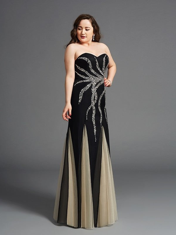 Sheath/Column Sweetheart Beading Sleeveless Long Chiffon Plus Size Dresses DEP0003215