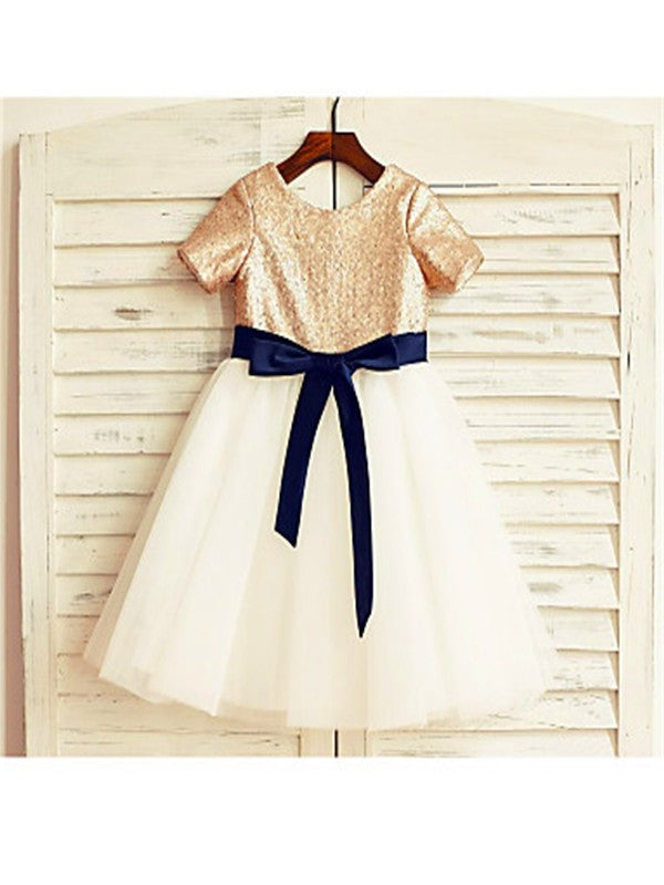 A-line/Princess Scoop Short Sleeves Sequin Tea-Length Tulle Flower Girl Dresses DEP0007726