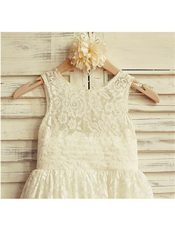 A-line/Princess Scoop Sleeveless Ruffles Tea-Length Lace Flower Girl Dresses DEP0007616