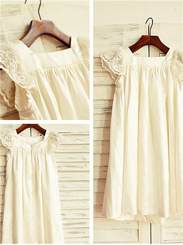 A-line/Princess Scoop Short Sleeves Lace Tea-Length Chiffon Flower Girl Dresses DEP0007794