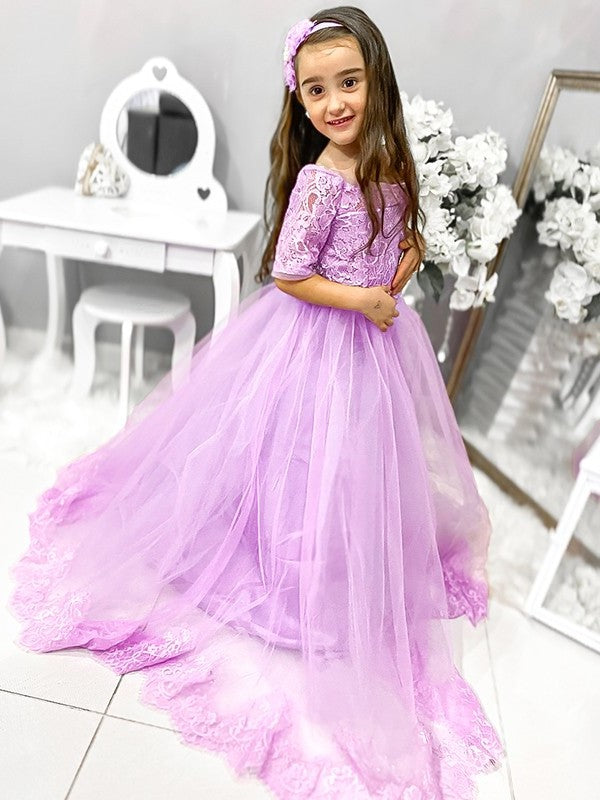 Ball Gown Tulle Lace Off-the-Shoulder 1/2 Sleeves Sweep/Brush Train Flower Girl Dresses DEP0007476