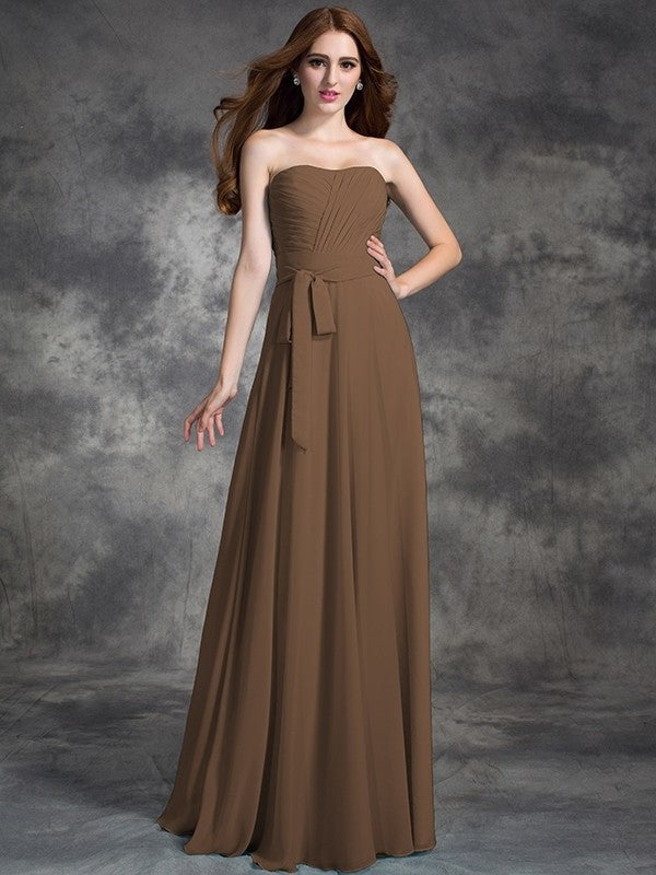 A-line/Princess Strapless Ruched Sleeveless Long Chiffon Bridesmaid Dresses DEP0005797