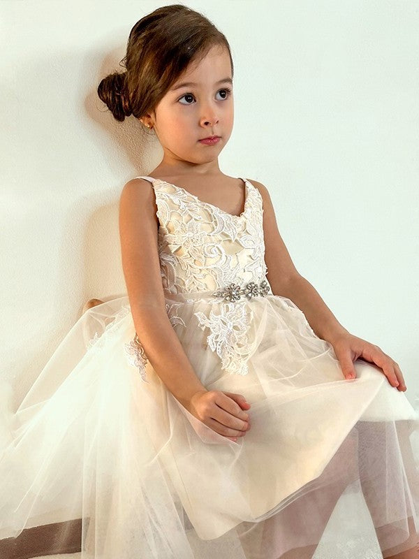 A-Line/Princess Tulle Lace V-neck Sleeveless Knee-Length Flower Girl Dresses DEP0009285