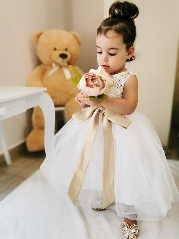 A-Line/Princess Tulle Sash/Ribbon/Belt Scoop Sleeveless Knee-Length Flower Girl Dresses DEP0007546