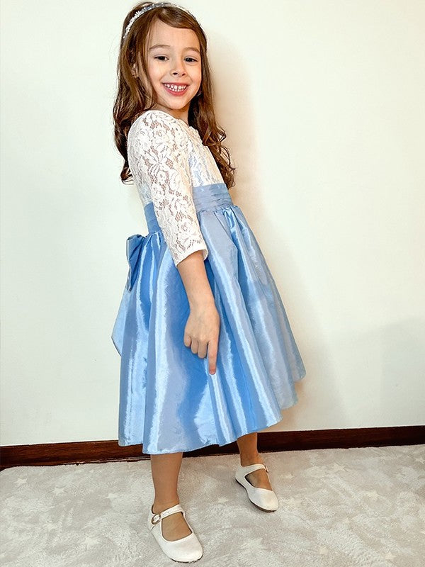 A-Line/Princess Taffeta Lace Scoop 3/4 Sleeves Knee-Length Flower Girl Dresses DEP0009283