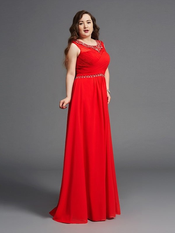 A-Line/Princess Scoop Beading Sleeveless Long Chiffon Plus Size Dresses DEP0003655