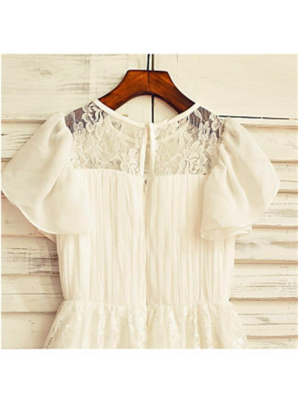 A-line/Princess Scoop Short Sleeves Lace Tea-Length Chiffon Flower Girl Dresses DEP0007820