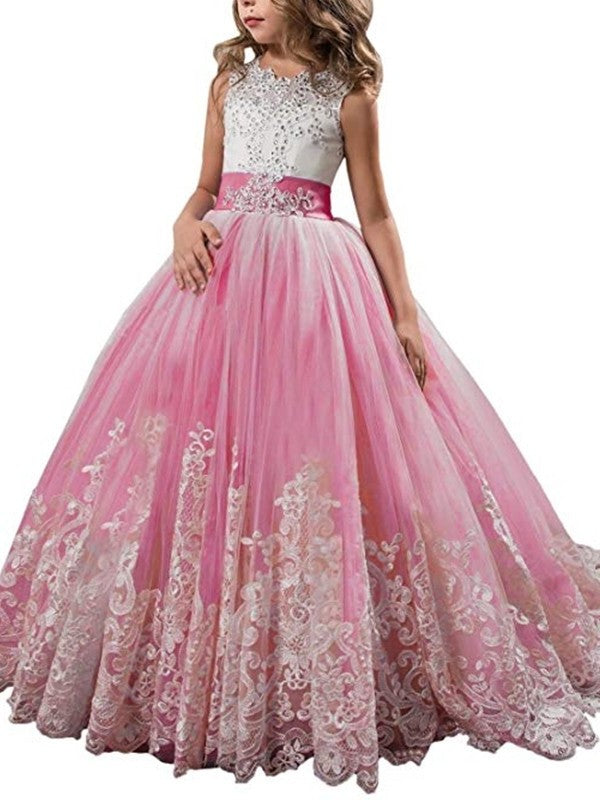 Ball Gown Jewel Sleeveless Lace Sweep/Brush Train Tulle Flower Girl Dresses DEP0007567