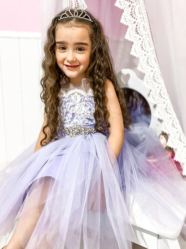 A-Line/Princess Tulle Lace Scoop Sleeveless Knee-Length Flower Girl Dresses DEP0009288