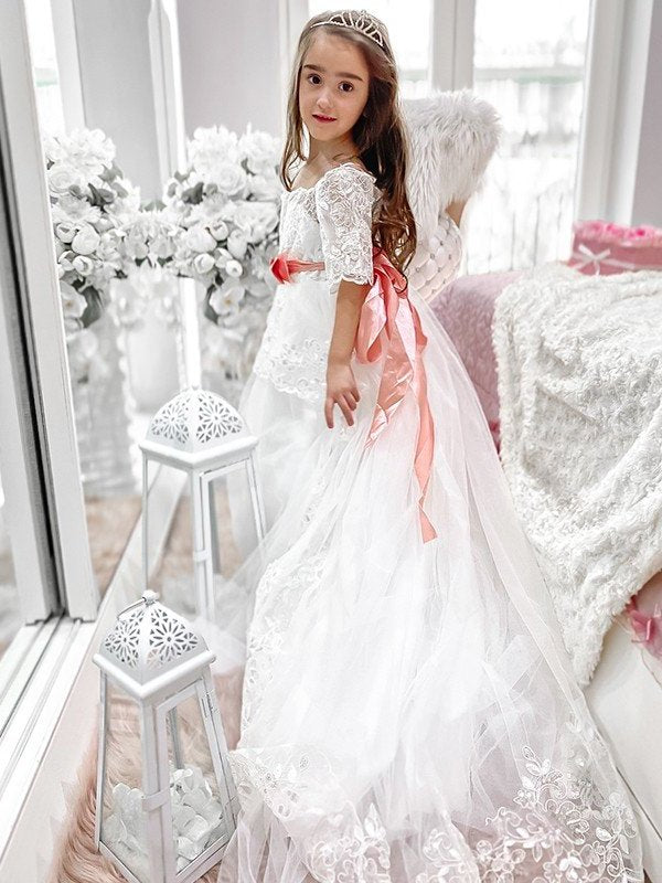 A-Line/Princess Tulle Sash/Ribbon/Belt Off-the-Shoulder 1/2 Sleeves Sweep/Brush Train Flower Girl Dresses DEP0007481