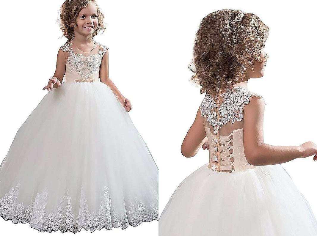 Ball Gown Scoop Sleeveless Applique Tulle Floor-Length Flower Girl Dresses DEP0007619