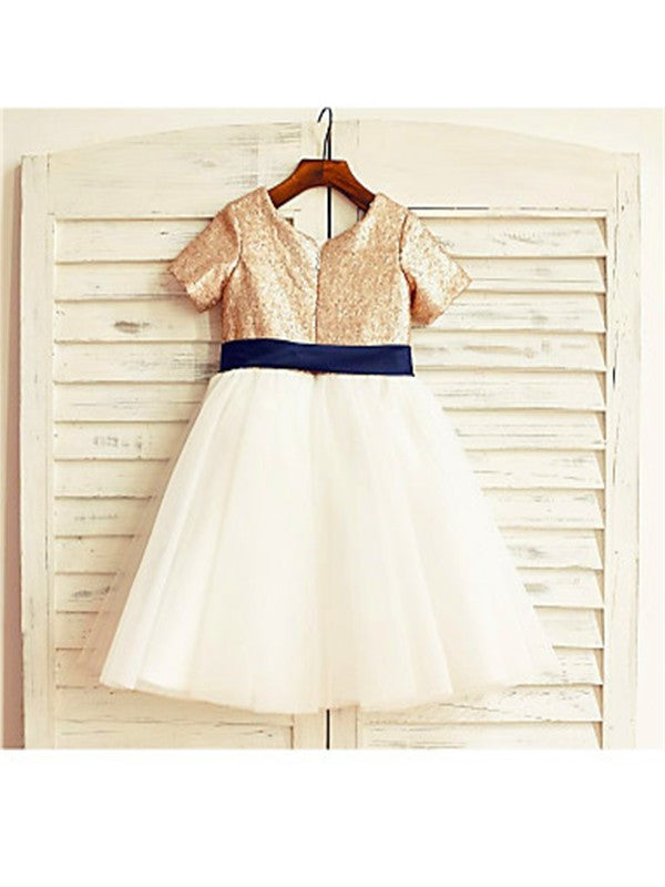 A-line/Princess Scoop Short Sleeves Sequin Tea-Length Tulle Flower Girl Dresses DEP0007726