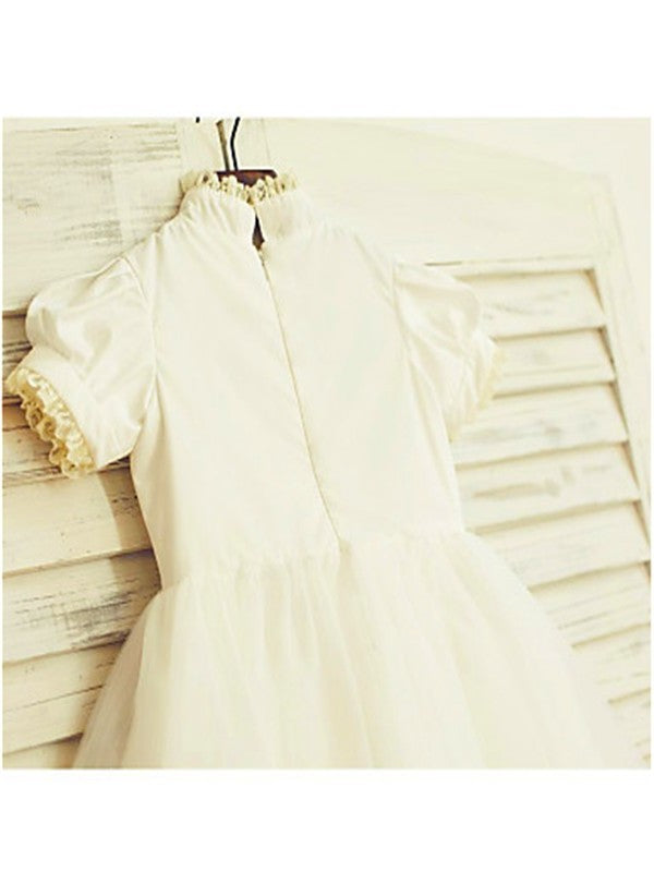 A-line/Princess High Neck Short Sleeves Lace Tea-Length Tulle Flower Girl Dresses DEP0007902