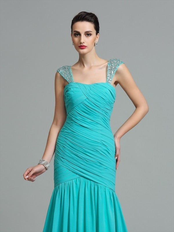 A-Line/Princess Straps Ruched Sleeveless Long Chiffon Dresses DEP0009208