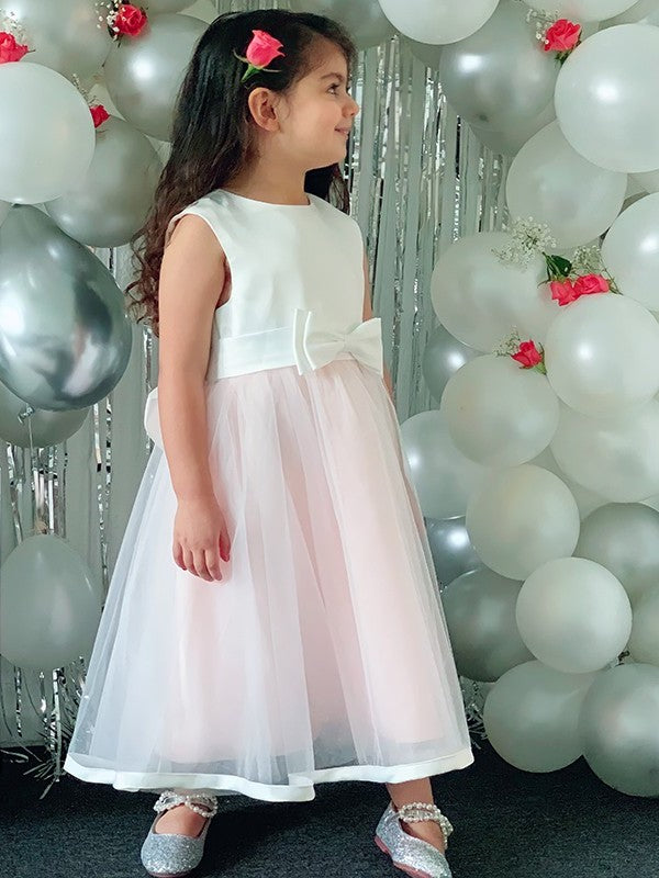 A-Line/Princess Organza Bowknot Scoop Sleeveless Tea-Length Flower Girl Dresses DEP0009295