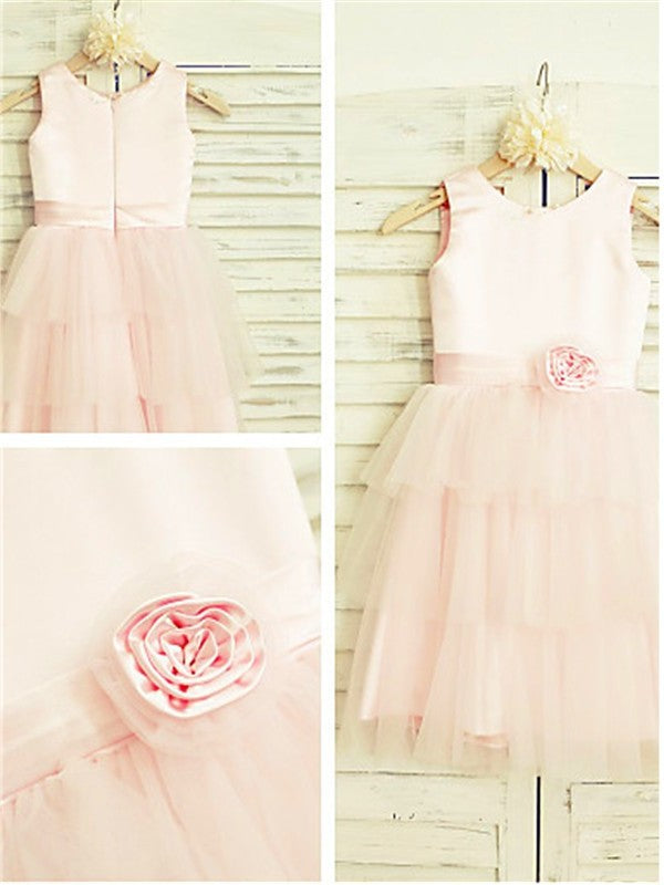 A-line/Princess Scoop Sleeveless Hand-made Flower Tea-Length Tulle Flower Girl Dresses DEP0007848