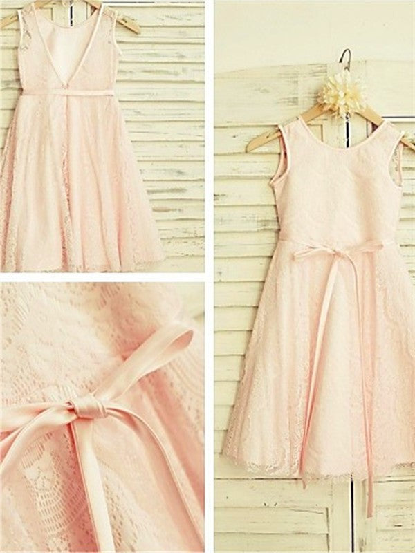 A-line/Princess Scoop Sleeveless Sash/Ribbon/Belt Tea-Length Lace Flower Girl Dresses DEP0007847