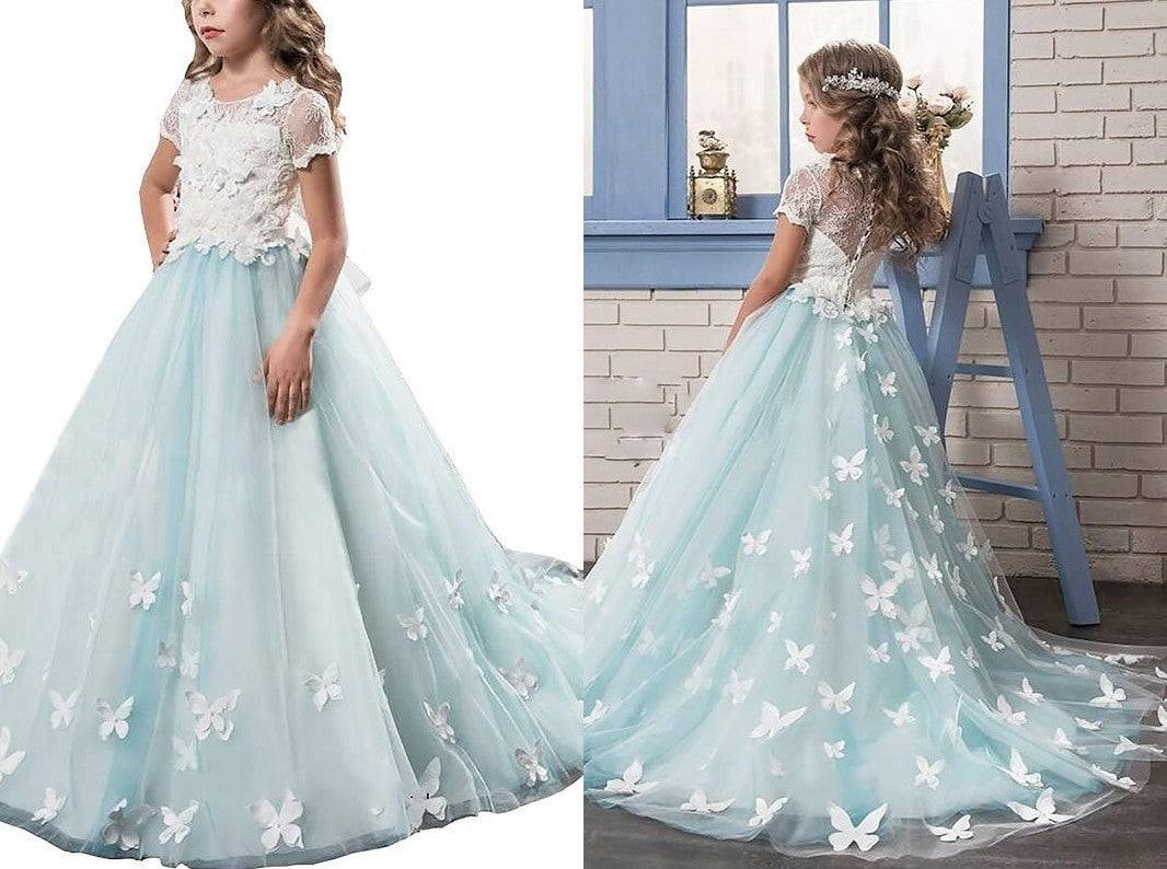 A-line/Princess Scoop Short Sleeves Lace Tulle Floor-Length Flower Girl Dresses DEP0007583