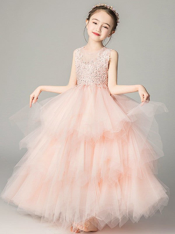 A-Line/Princess Tulle Applique Scoop Sleeveless Floor-Length Flower Girl Dresses DEP0007507