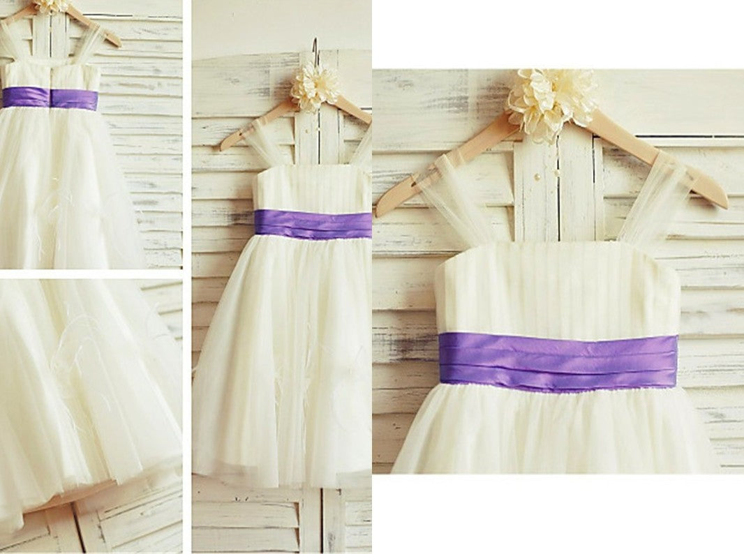 A-line/Princess Straps Sleeveless Ruffles Tea-Length Tulle Flower Girl Dresses DEP0007886