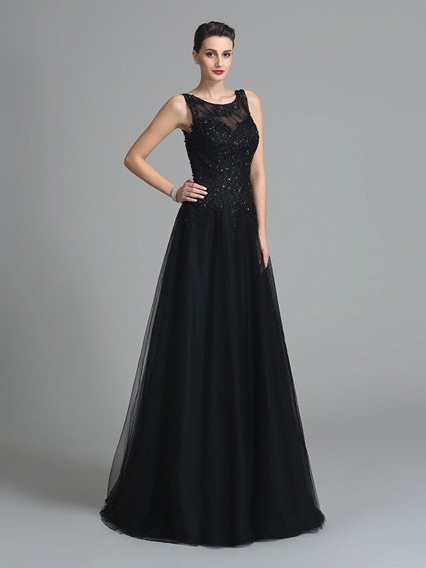 A-Line/Princess Straps Beading Sleeveless Long Net Mother of the Bride Dresses DEP0007280