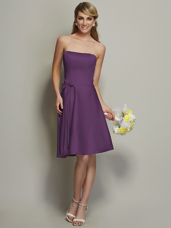 A-Line/Princess Strapless Sleeveless Bowknot Short Satin Bridesmaid Dresses DEP0005863