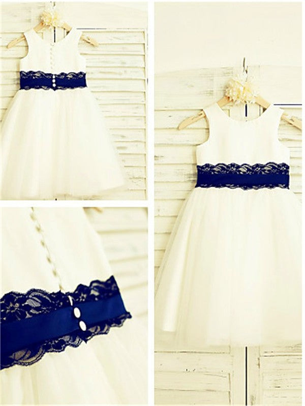 A-line/Princess Scoop Sleeveless Lace Tea-Length Tulle Flower Girl Dresses DEP0007827