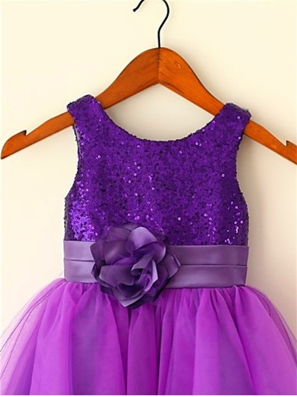 A-line/Princess Scoop Sleeveless Sequin Tea-Length Tulle Flower Girl Dresses DEP0007722