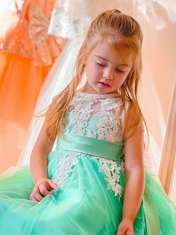 A-Line/Princess Tulle Applique Scoop Sleeveless Knee-Length Flower Girl Dresses DEP0009293