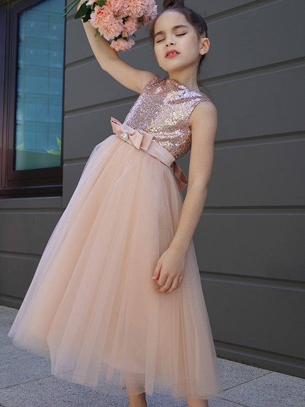 A-Line/Princess Tulle Bowknot Scoop Sleeveless Tea-Length Flower Girl Dresses DEP0007463