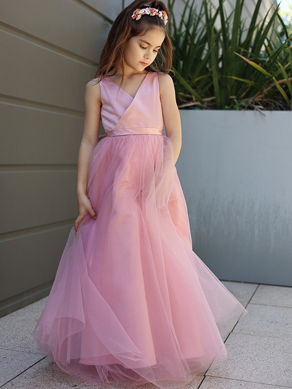 A-Line/Princess Tulle Bowknot V-neck Sleeveless Floor-Length Flower Girl Dresses DEP0007496