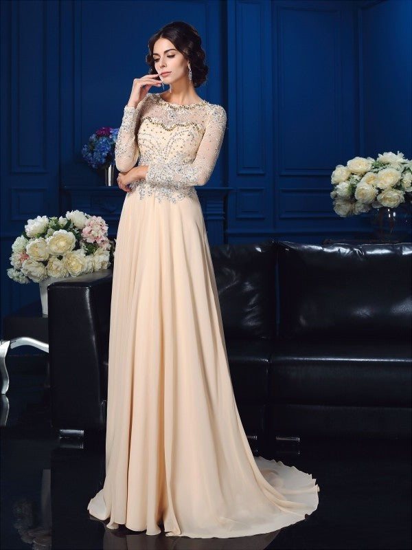 A-Line/Princess Scoop Beading Long Sleeves Long Chiffon Mother of the Bride Dresses DEP0007085