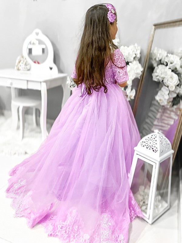 Ball Gown Tulle Lace Off-the-Shoulder 1/2 Sleeves Sweep/Brush Train Flower Girl Dresses DEP0007476