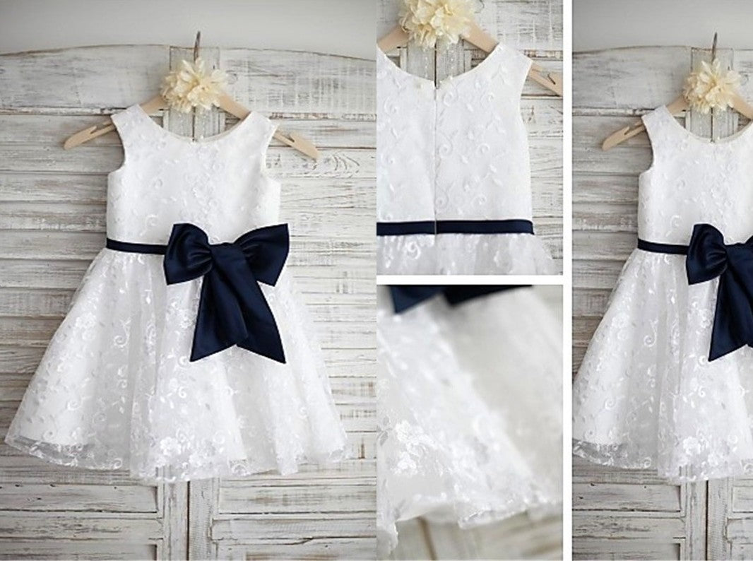 A-line/Princess Scoop Sleeveless Bowknot Tea-Length Lace Flower Girl Dresses DEP0007816