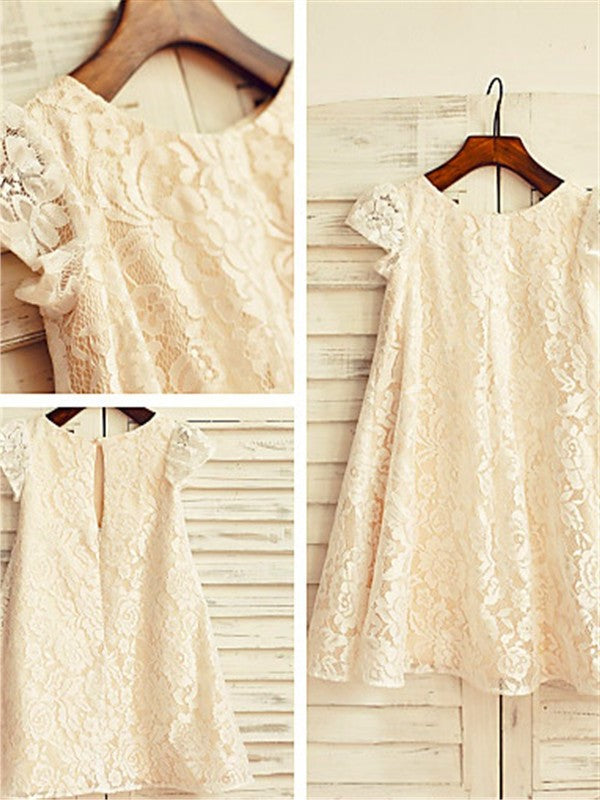 A-line/Princess Scoop Short Sleeves Tea-Length Lace Flower Girl Dresses DEP0007725