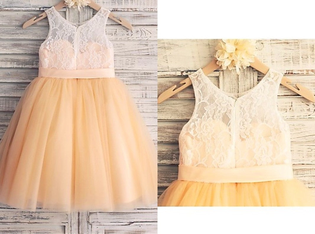 A-line/Princess Sleeveless Scoop Sash/Ribbon/Belt Tea-Length Tulle Flower Girl Dresses DEP0007699