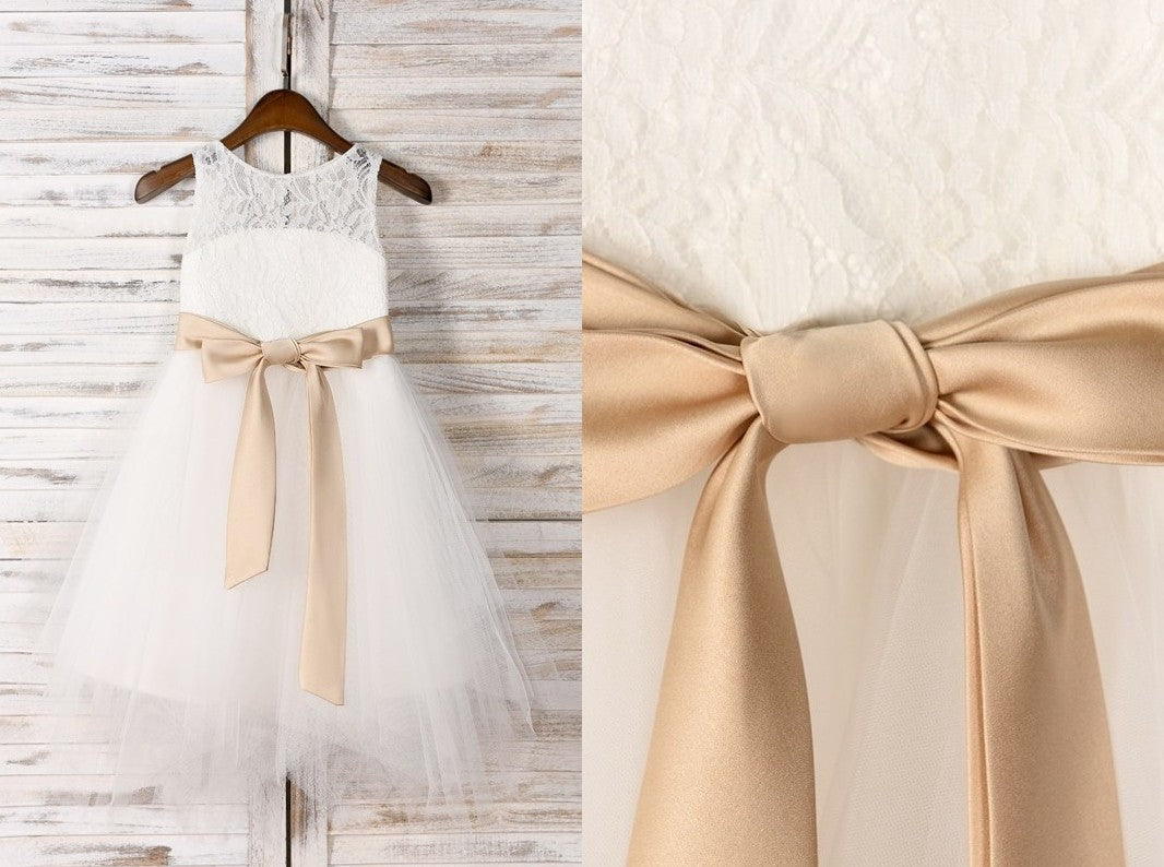 A-Line/Princess Tulle Sash/Ribbon/Belt Scoop Sleeveless Tea-Length Flower Girl Dresses DEP0007525