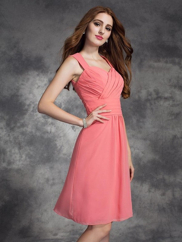 A-line/Princess Straps Ruched Sleeveless Short Chiffon Bridesmaid Dresses DEP0009302