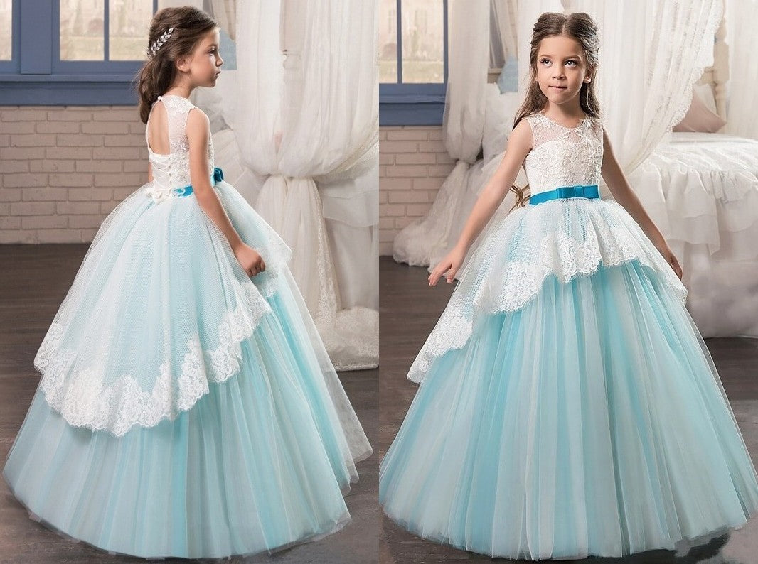 Ball Gown Jewel Sleeveless Sash/Ribbon/Belt Floor-Length Tulle Flower Girl Dresses DEP0007648