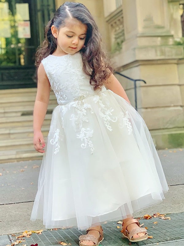 A-Line/Princess Tulle Lace Scoop Sleeveless Ankle-Length Flower Girl Dresses DEP0007499