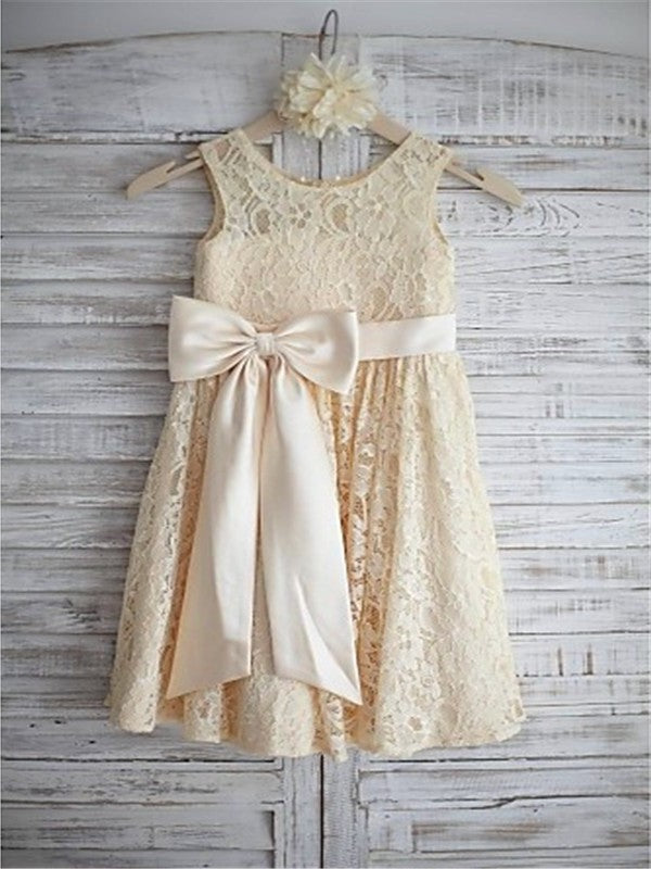 A-line/Princess Sleeveless Scoop Bowknot Knee-Length Lace Flower Girl Dresses DEP0007627