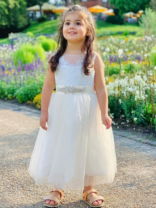 A-Line/Princess Tulle Lace Scoop Sleeveless Tea-Length Flower Girl Dresses DEP0007477