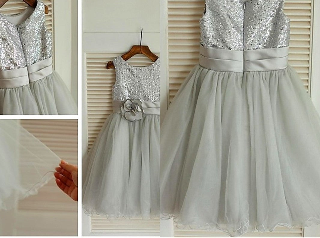 A-line/Princess Scoop Sleeveless Sequin Tea-Length Tulle Flower Girl Dresses DEP0007673